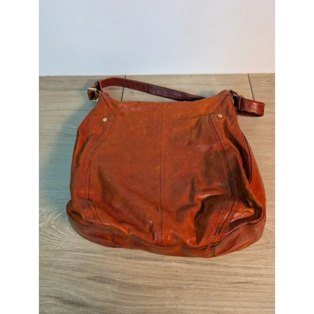 TORY BURCH Hobo PLEATED LEATHER HOBO Shoulder BAG Orange Brown Mirror Flaw